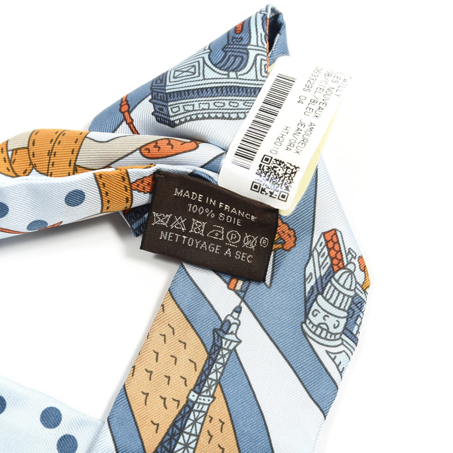 Hermes Silk Les Nouveaux Amoureux de Paris Twilly Ciel Blue Jean Orange 2 of 4