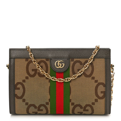 Gucci Monogram Jumbo GG Textured Dollar Calfskin Web Small Ophidia Chain Shoulder Bag Camel Ebony New Acero 1 of 8