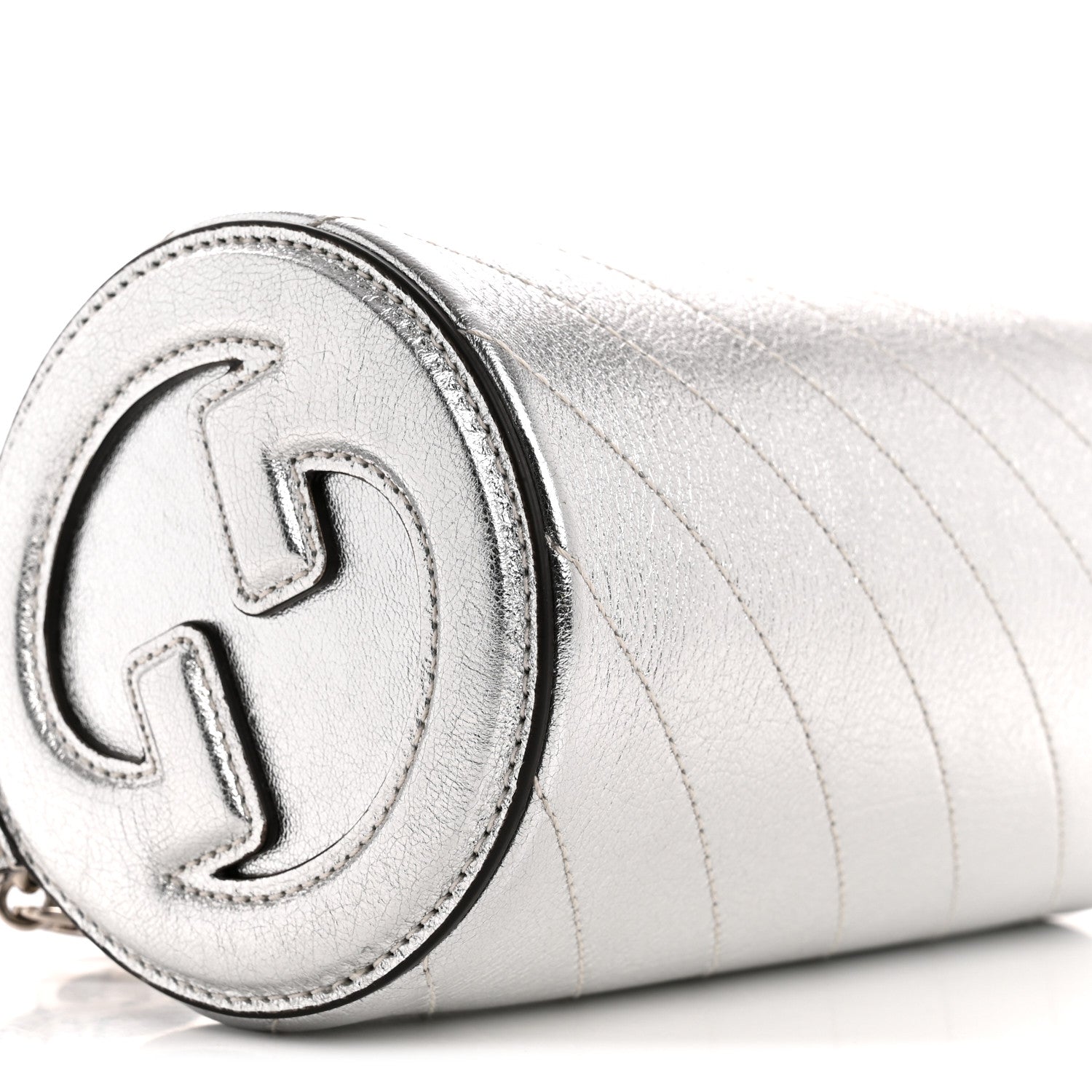Gucci Sakai Be Green Calfskin Diagonal Stitched Mini Blondie Barrel Shoulder Bag Silver 9 of 10