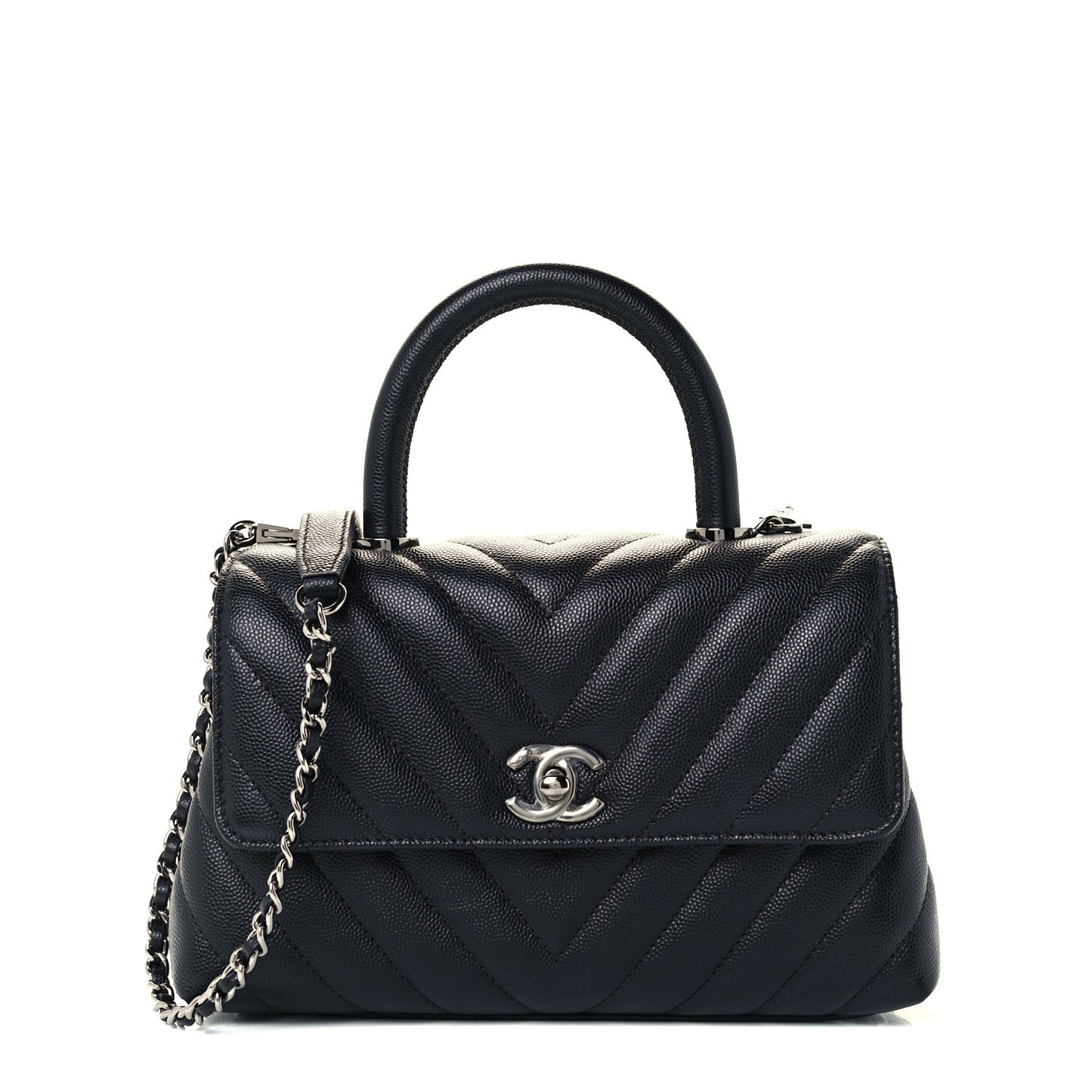 Caviar Chevron Quilted Mini Coco Handle Flap Black
