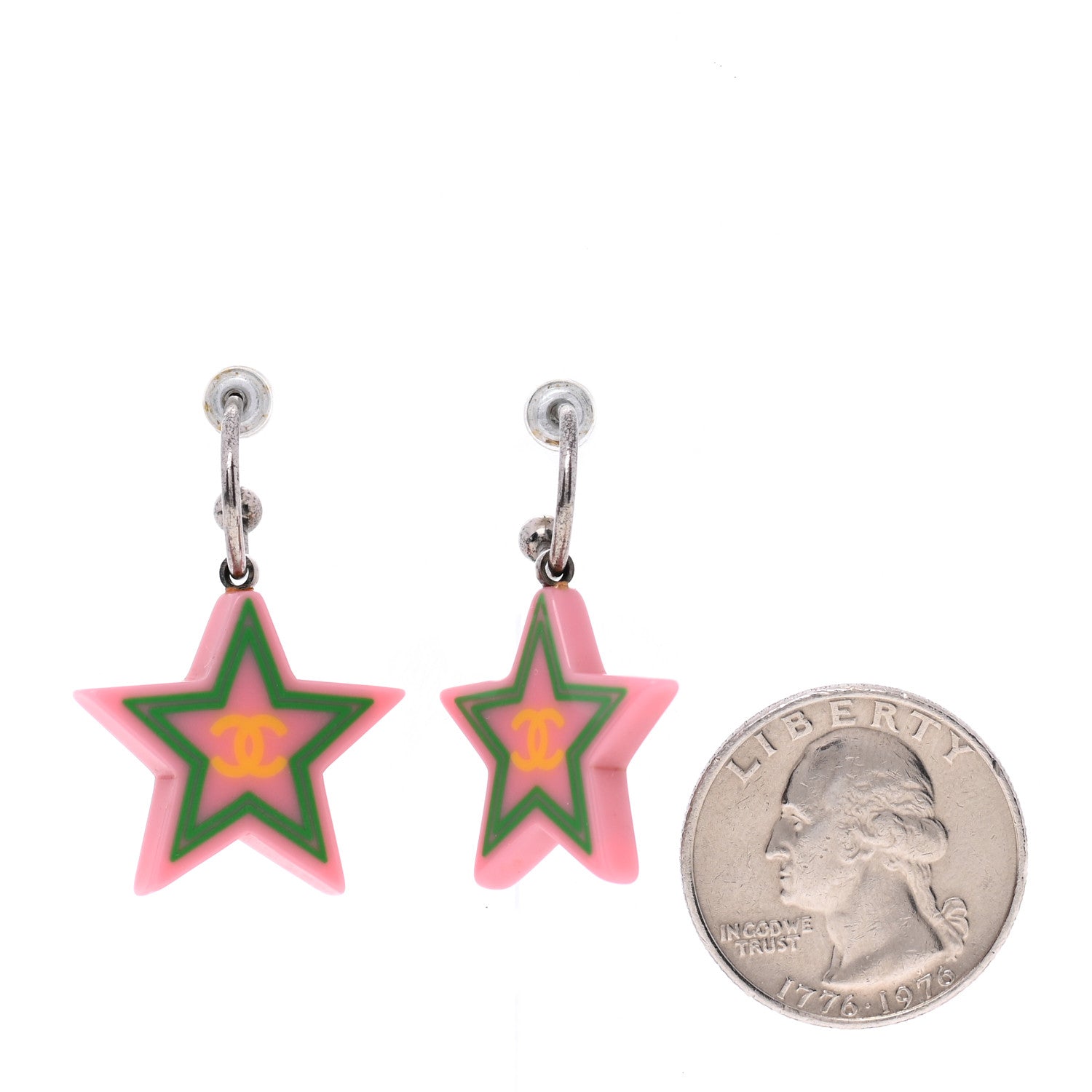 Chanel Resin CC Star Drop Earrings Pink Green 2 of 3