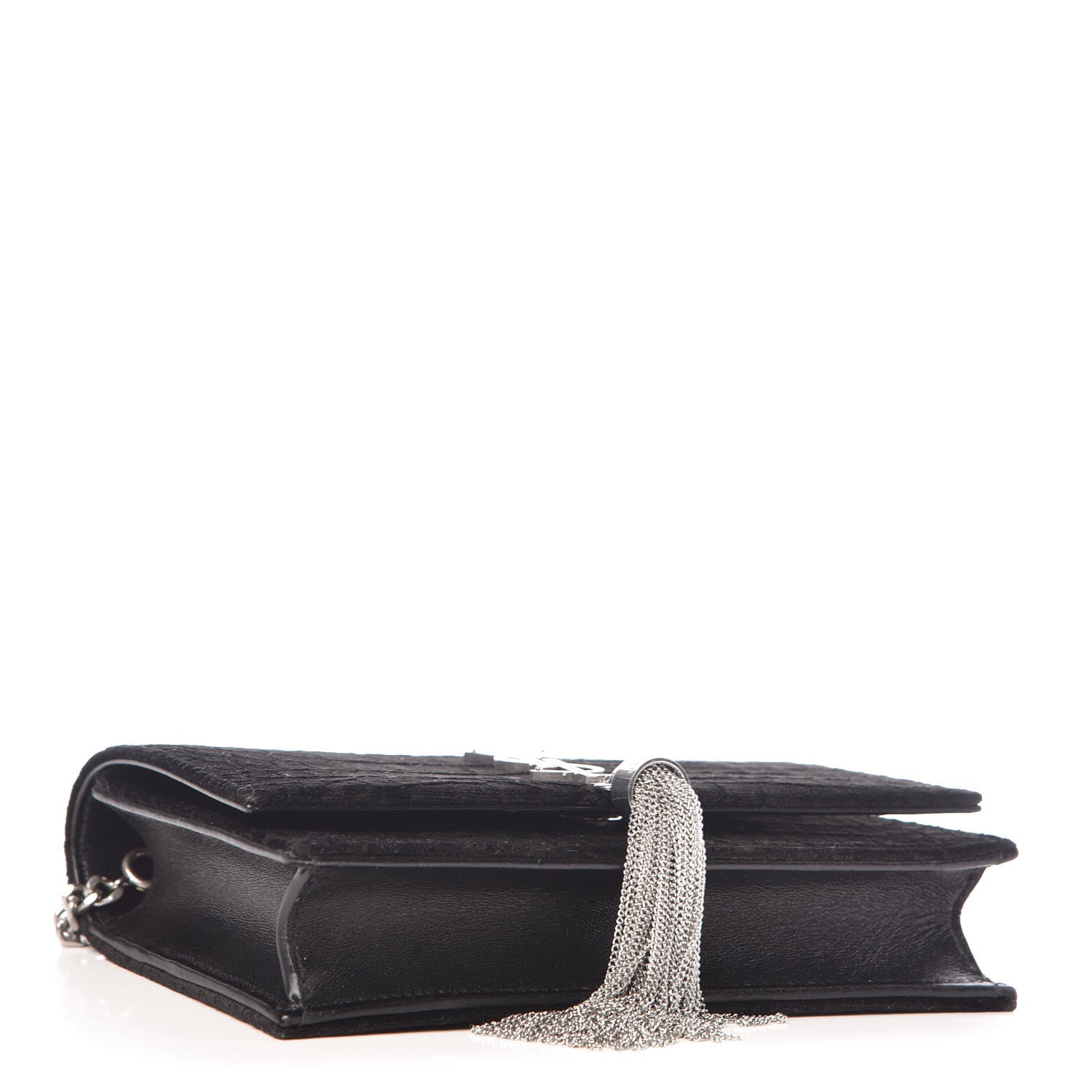 Saint Laurent Suede Crocodile Embossed Monogram Tassel Chain Wallet Black Silver 4 of 8