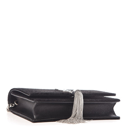 Saint Laurent Suede Crocodile Embossed Monogram Tassel Chain Wallet Black Silver 4 of 8