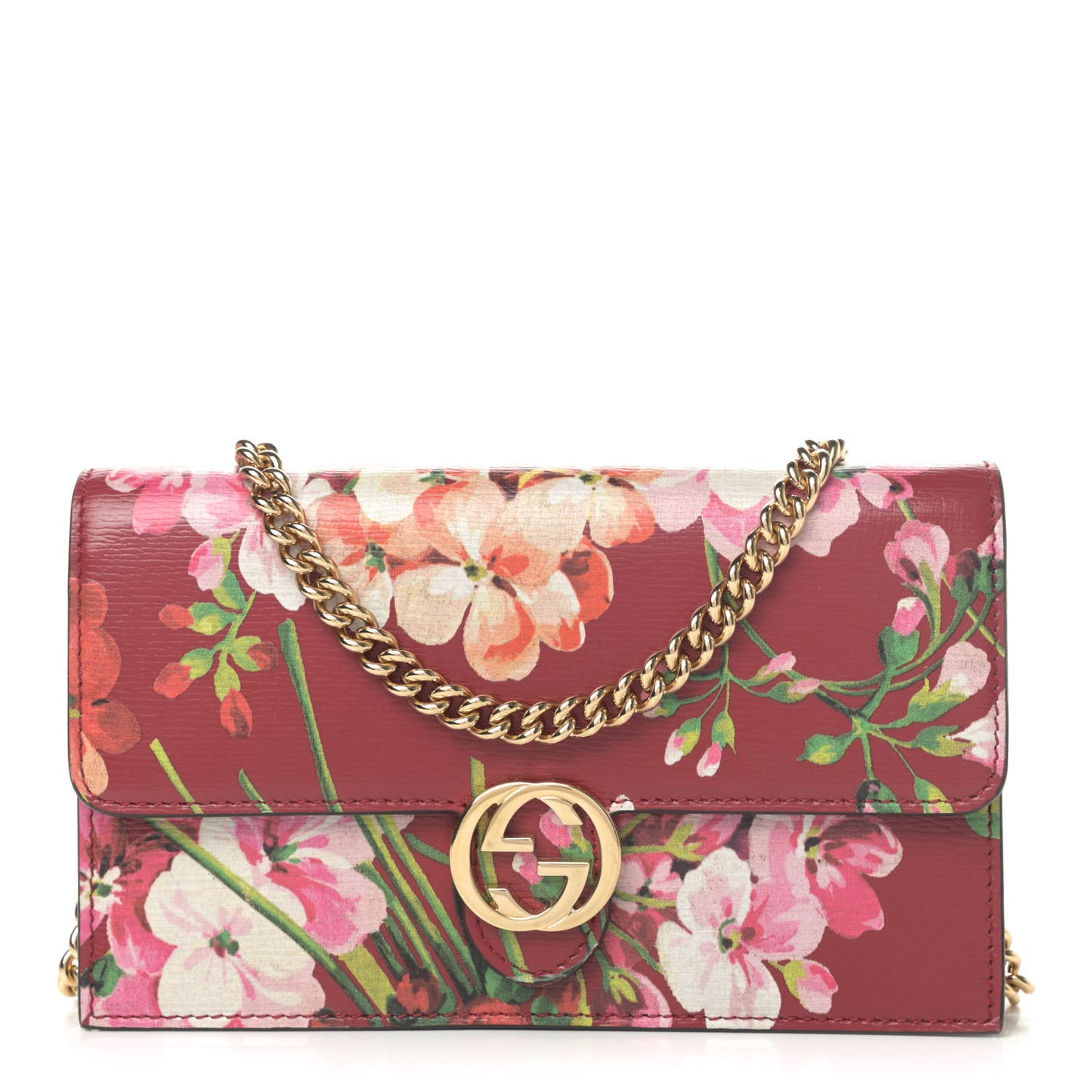 Shangai Calfskin Blooms Print Icon Chain Wallet Romantic Cerise Multicolor