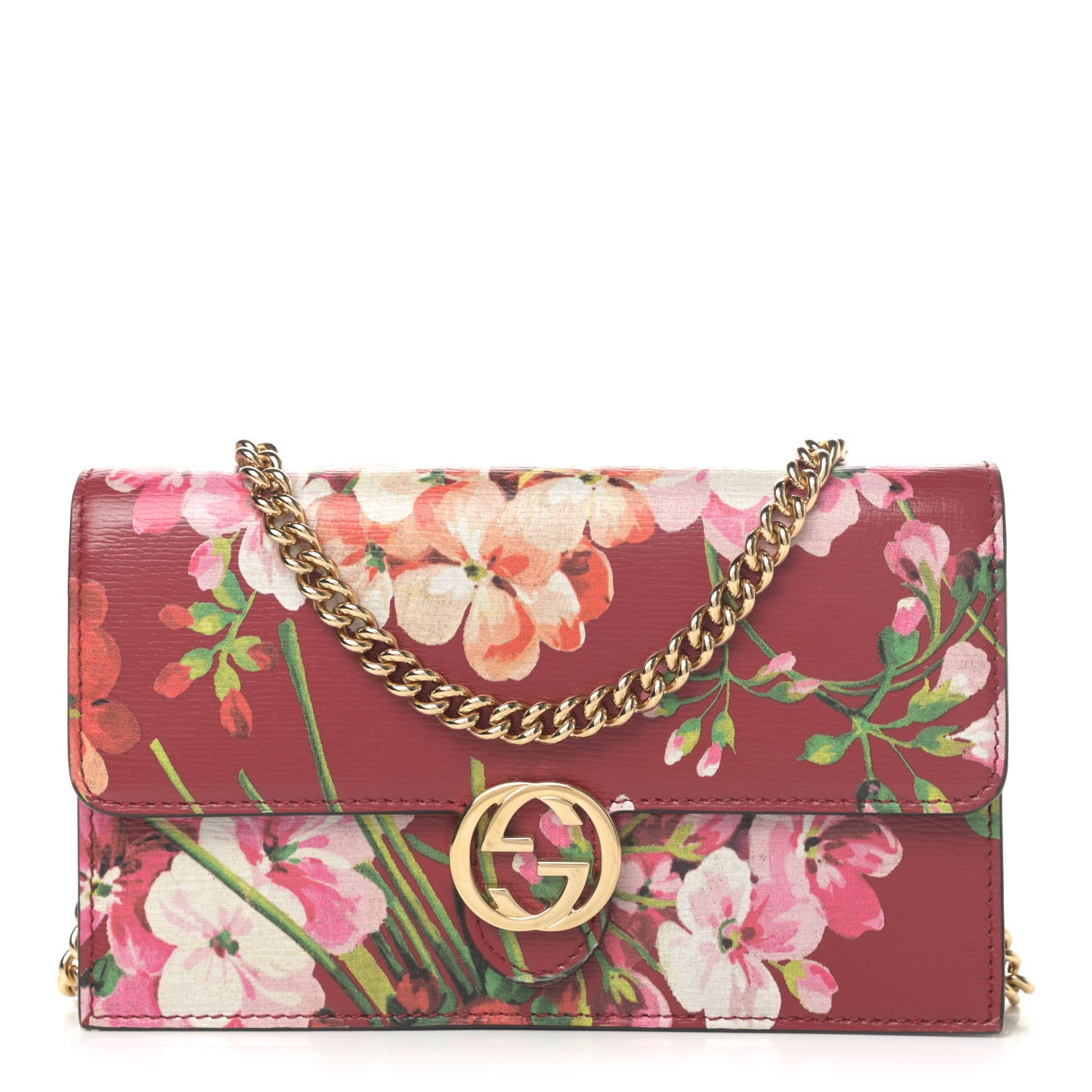 Gucci Shangai Calfskin Blooms Print Icon Chain Wallet Romantic Cerise Multicolor 1 of 4