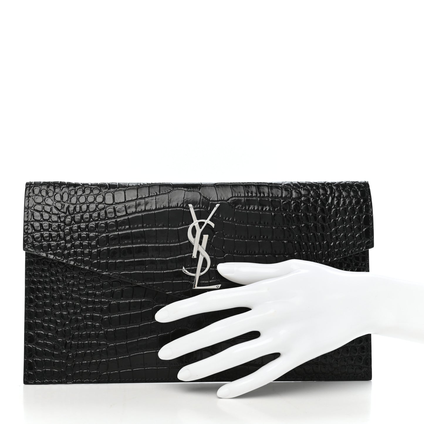Calfskin Crocodile Embossed Uptown Monogram Clutch Black