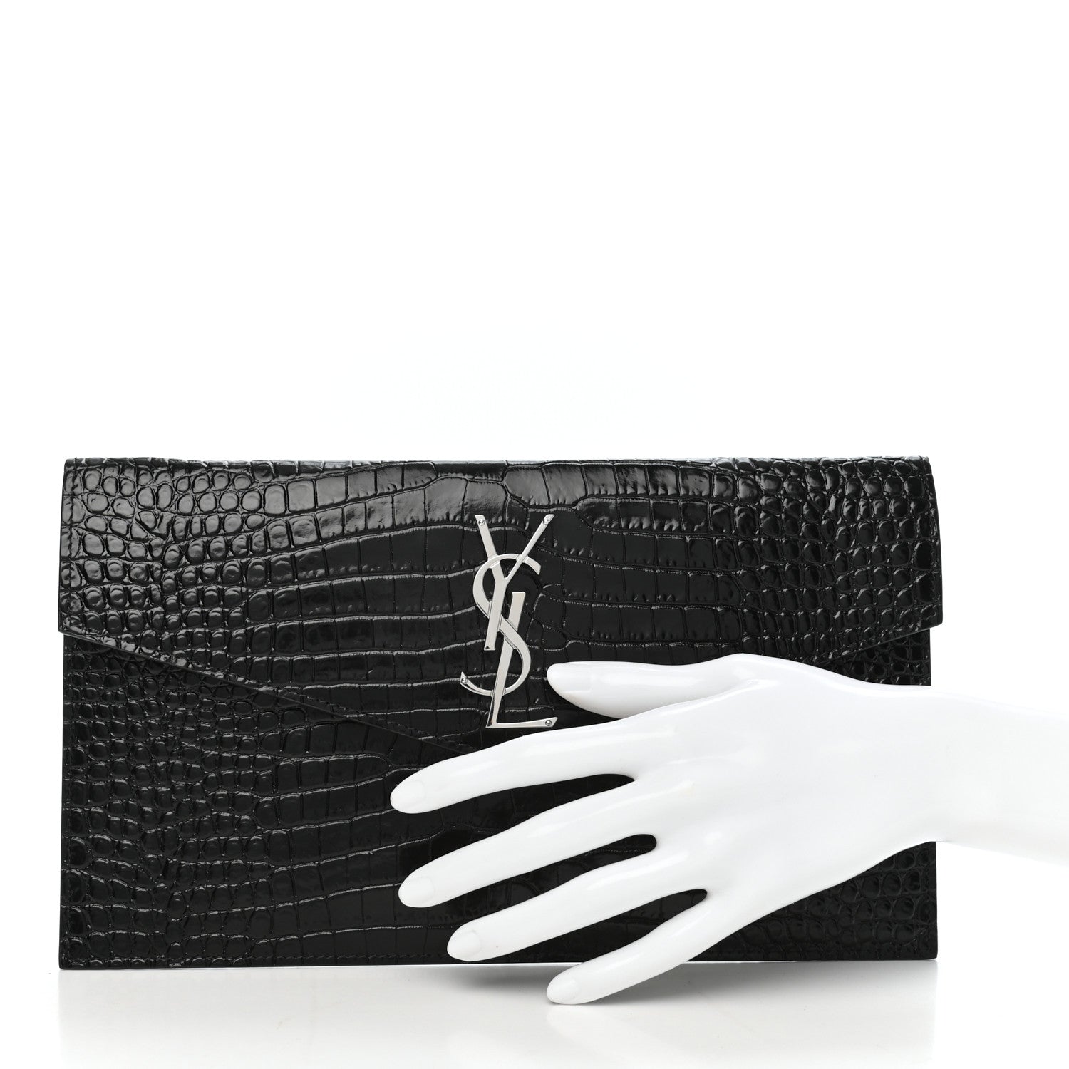 Saint Laurent Calfskin Crocodile Embossed Uptown Monogram Clutch Black 2 of 7