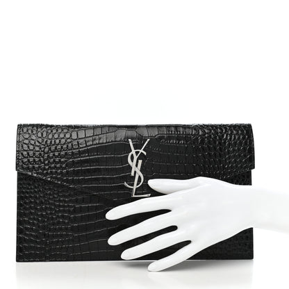 Saint Laurent Calfskin Crocodile Embossed Uptown Monogram Clutch Black 2 of 7