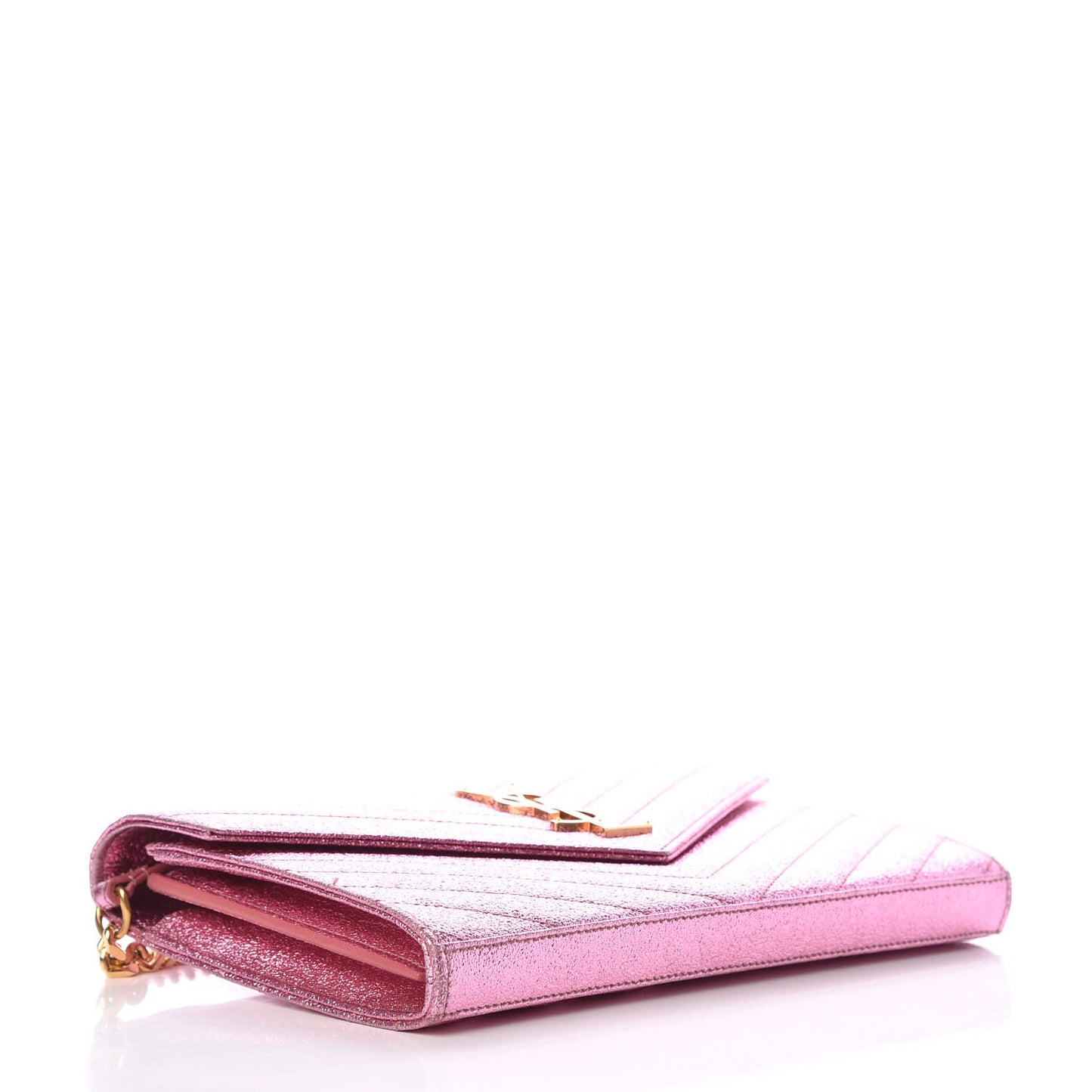 Metallic Crackled Calfskin Matelasse Chevron Monogram Chain Wallet Light Pink