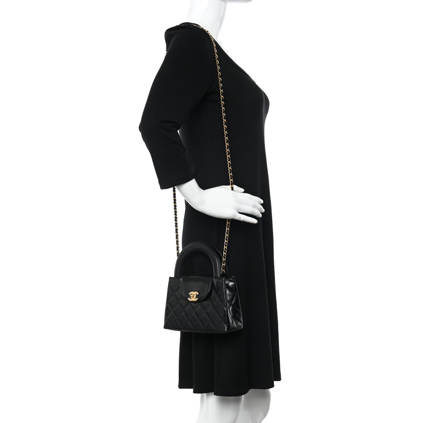 Shiny Aged Calfskin Quilted Nano Kelly Shopper Black