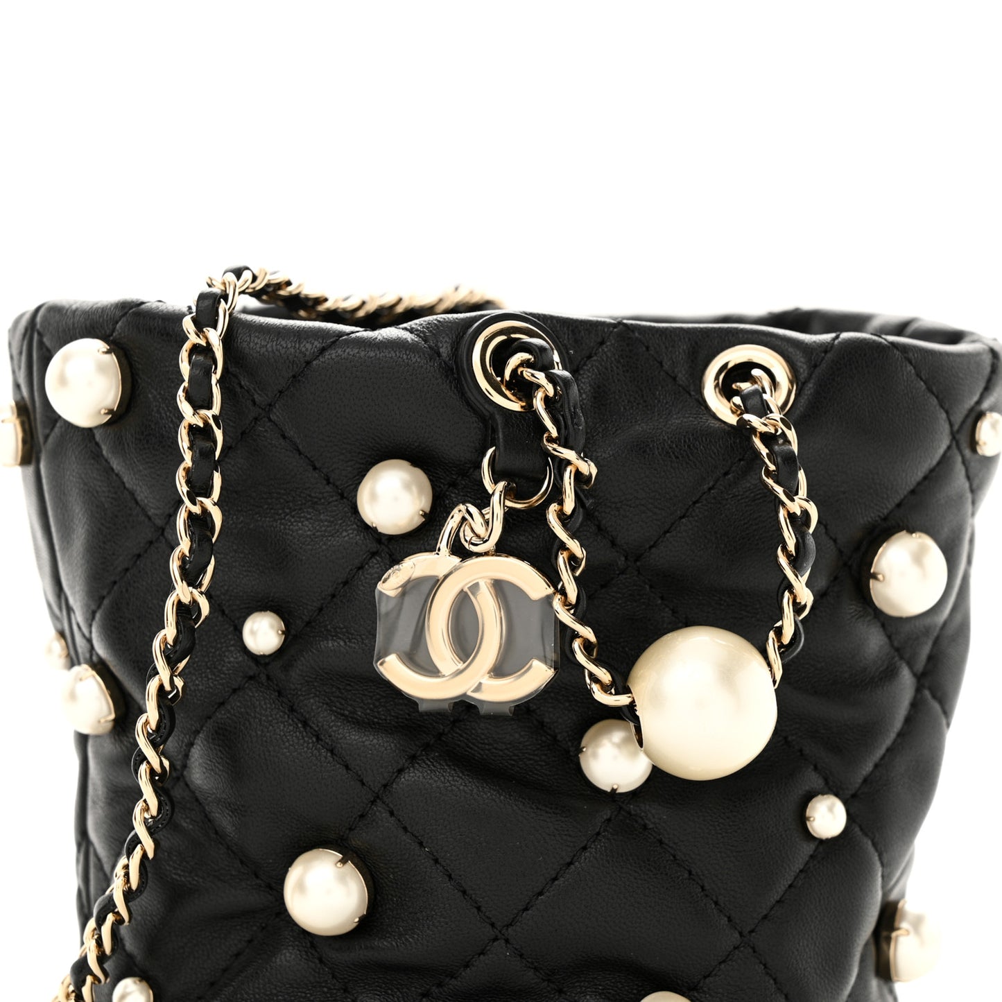 Lambskin Quilted Pearl Mini About Pearls Drawstring Bag Black