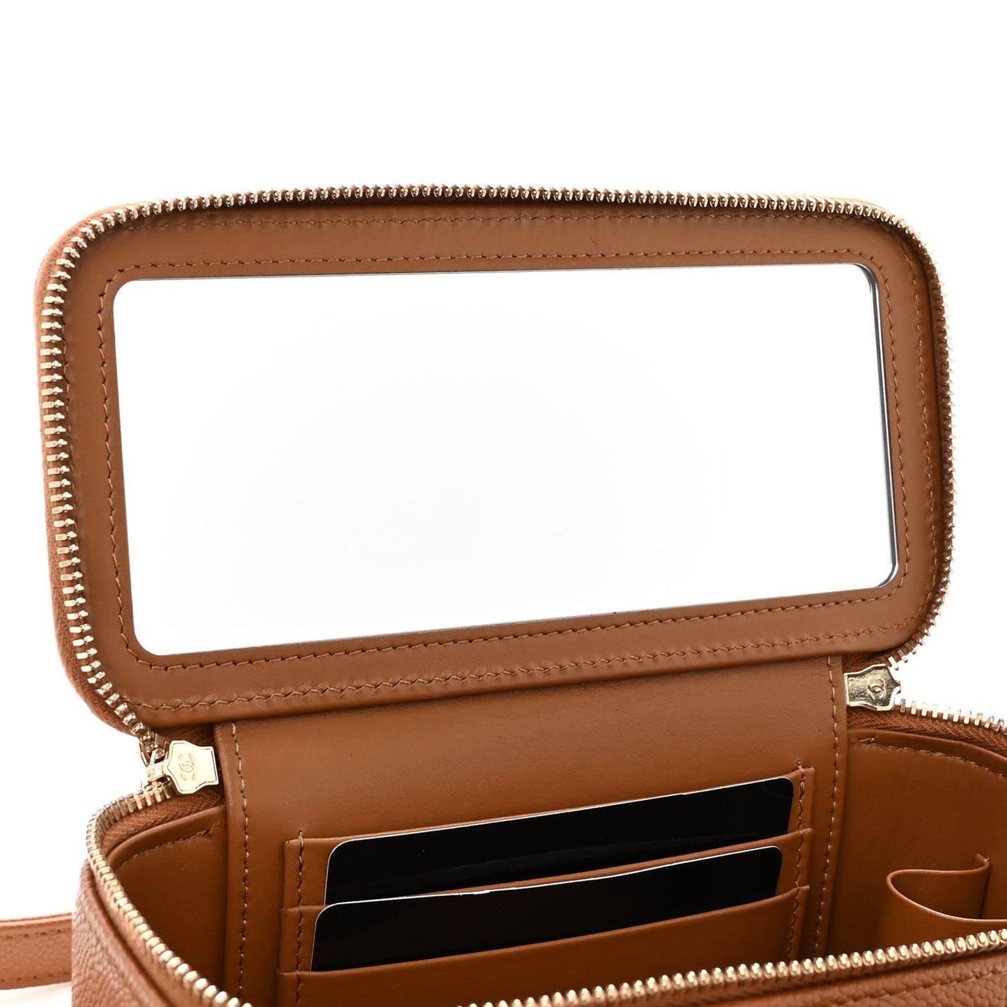 Caviar Quilted Top Handle Pocket Vanity Case Camel