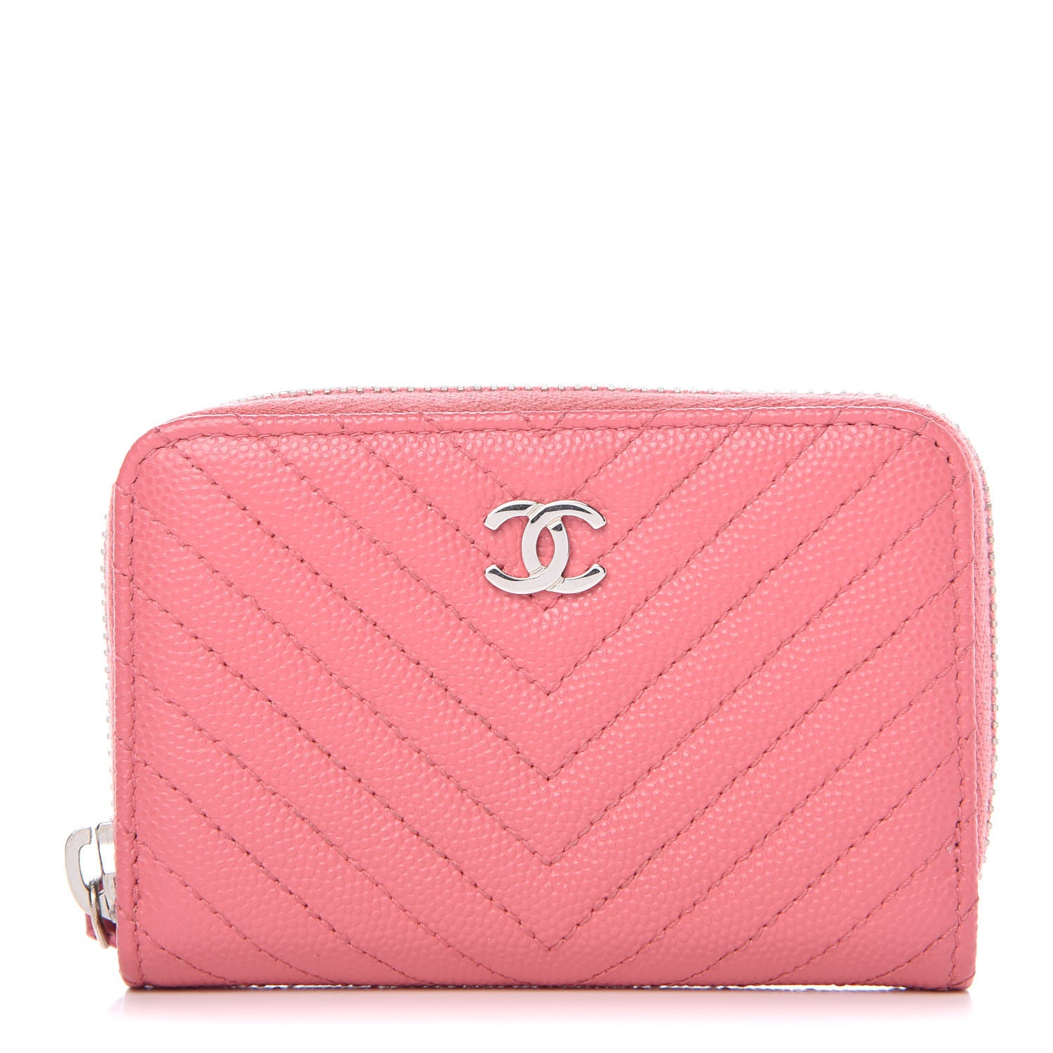 Chanel Caviar Chevron Quilted Zip Around Coin Purse Pink 1 of 9