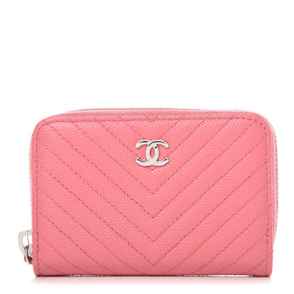 Chanel Caviar Chevron Quilted Zip Around Coin Purse Pink 1 of 9