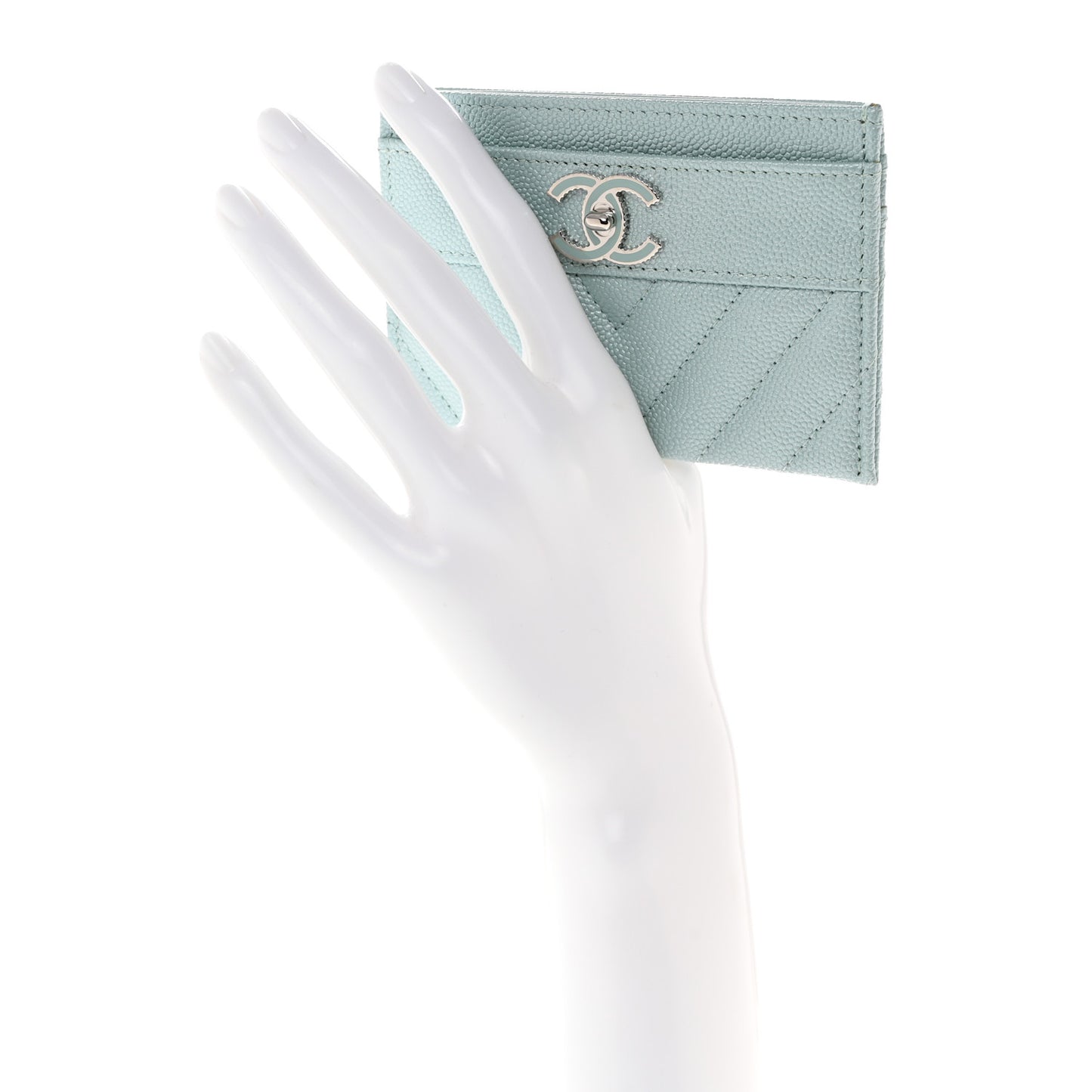 Metallic Caviar Chevron Quilted Vintage Mademoiselle Card Holder Light Blue