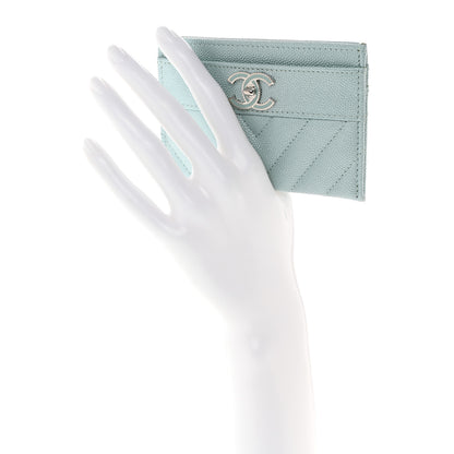 Chanel Metallic Caviar Chevron Quilted Vintage Mademoiselle Card Holder Light Blue 2 of 8