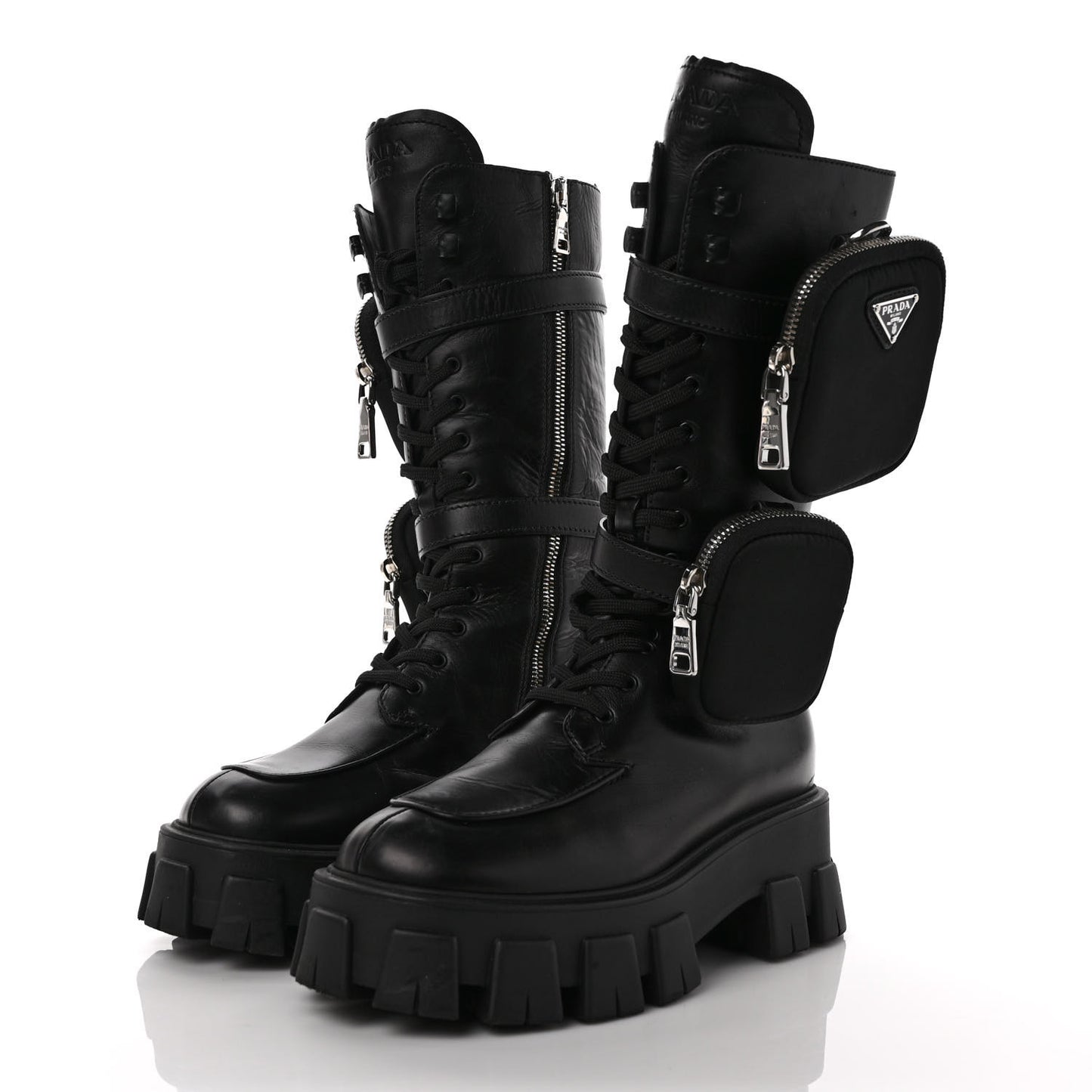 Vitello Lux Nylon Metal Triangle Logo Monolith Pouch Pocket 55mm Tall Combat Boots 37 Black