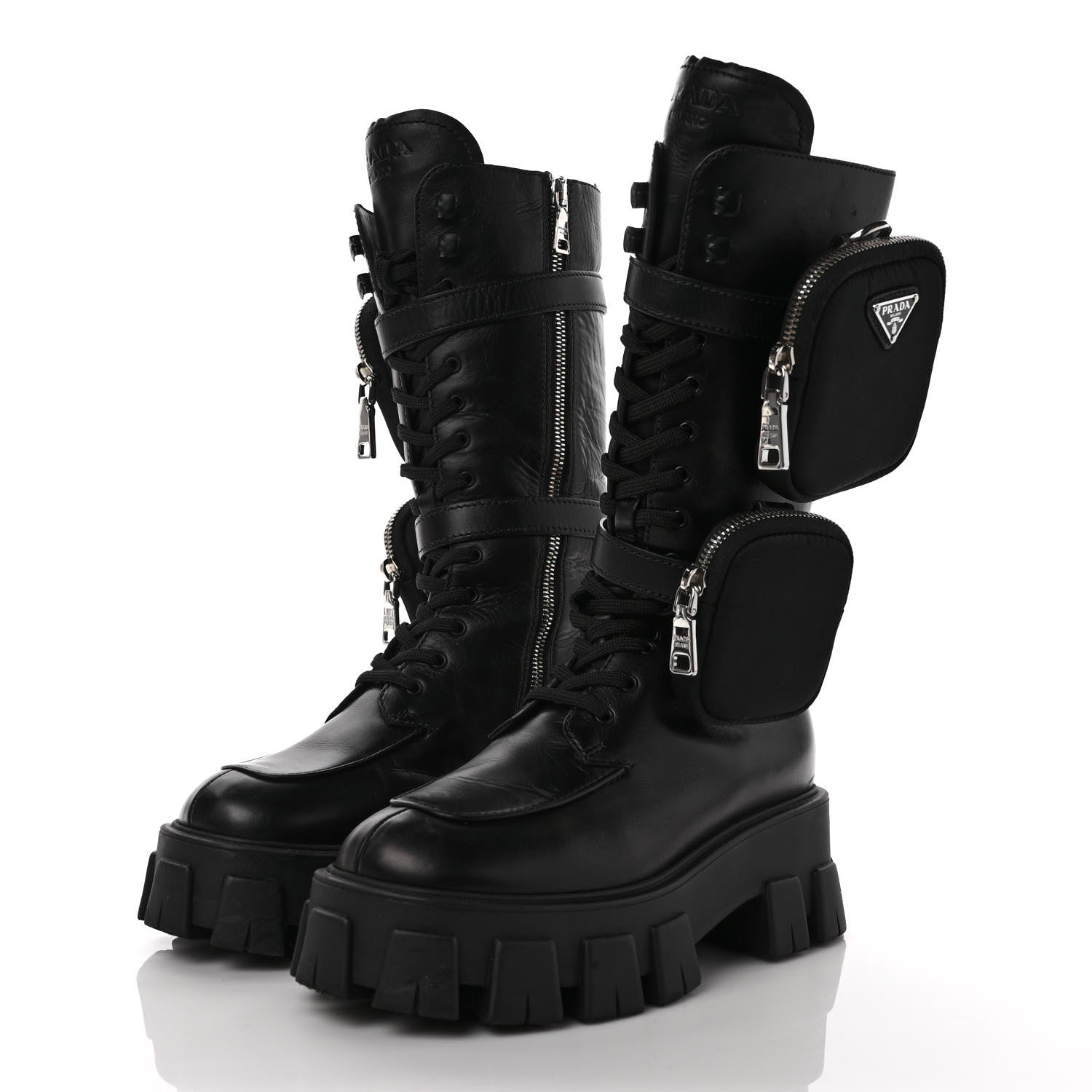 Prada Vitello Lux Nylon Metal Triangle Logo Monolith Pouch Pocket 55mm Tall Combat Boots 37 Black 3 of 10