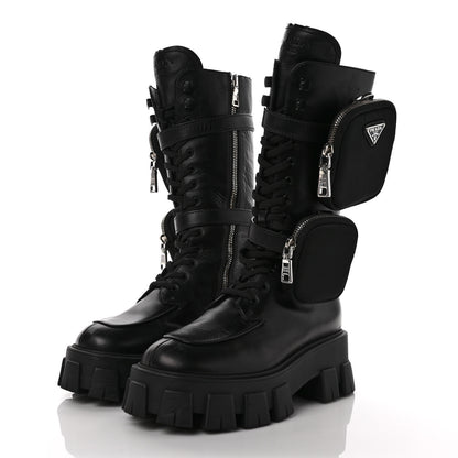 Prada Vitello Lux Nylon Metal Triangle Logo Monolith Pouch Pocket 55mm Tall Combat Boots 37 Black 3 of 10