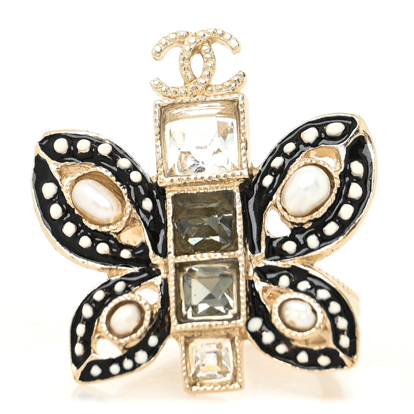 Enamel Crystal Graduated Pearl Butterfly CC Ring 6 52 Gold Black