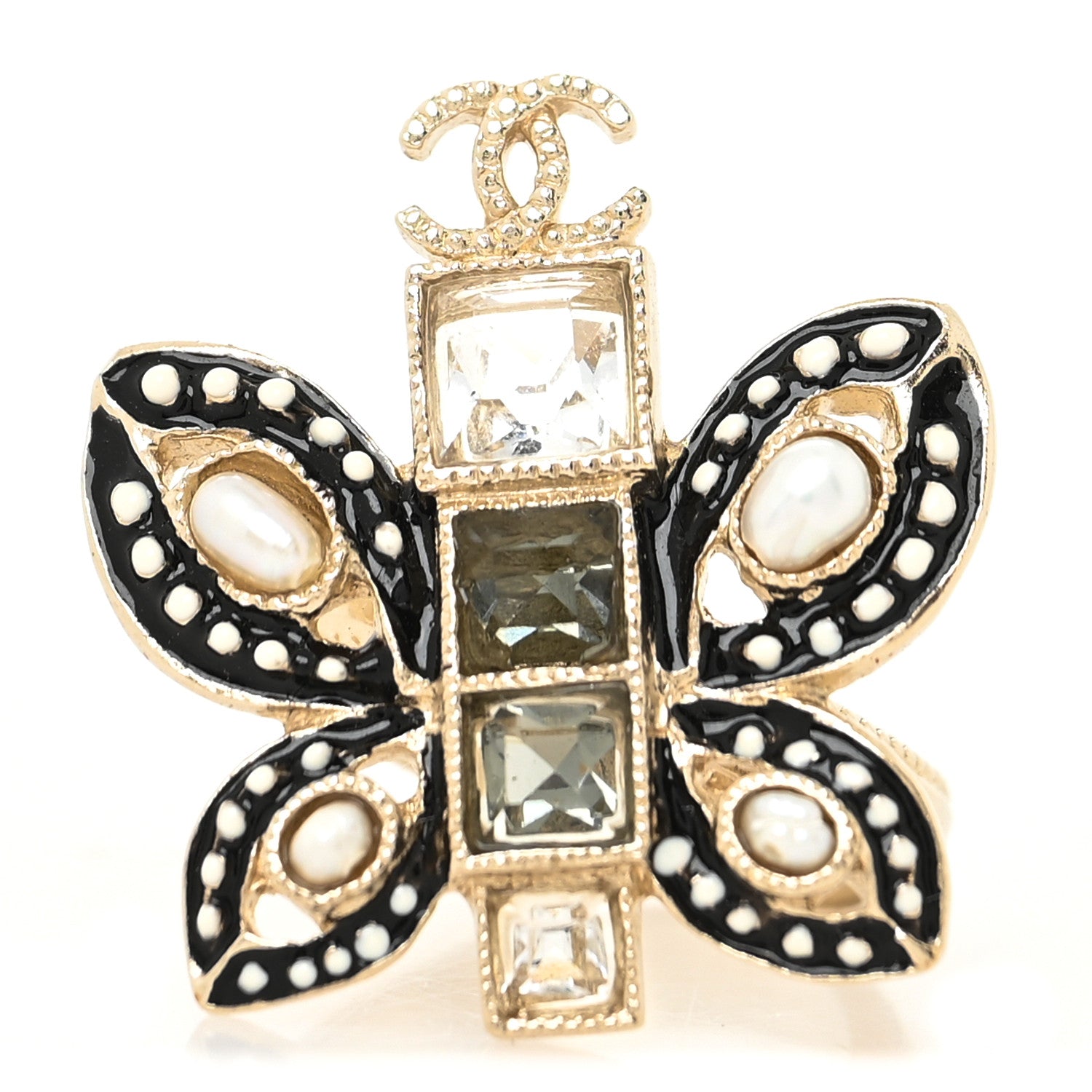 Chanel Enamel Crystal Graduated Pearl Butterfly CC Ring 6 52 Gold Black 1 of 4