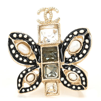 Chanel Enamel Crystal Graduated Pearl Butterfly CC Ring 6 52 Gold Black 1 of 4