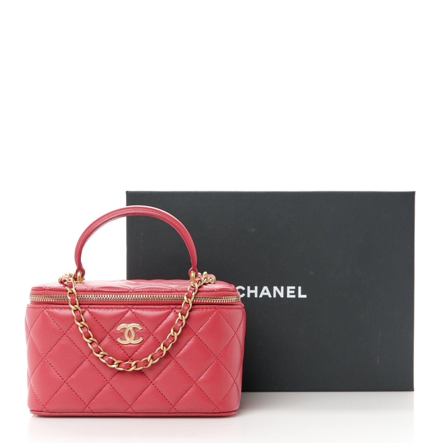 Lambskin Quilted Small Top Handle Vanity Case With Chain Dark Pink