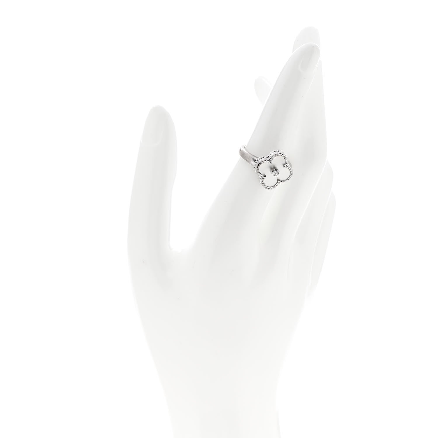 Van Cleef & Arpels 18K White Gold Diamond Mother of Pearl Vintage Alhambra Ring 54 6.75 2 of 5