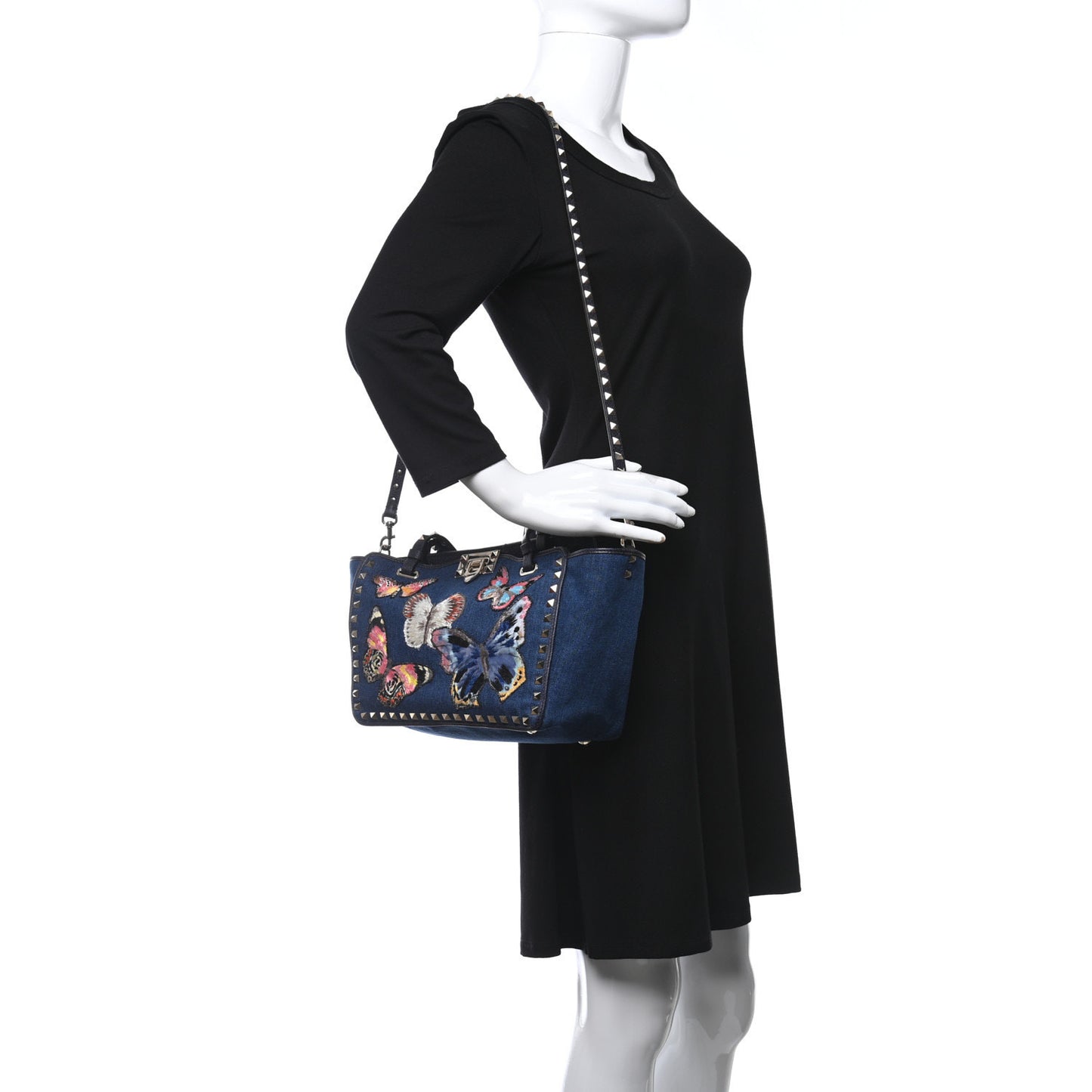 Denim Butterfly Embroidered Small Rockstud Tote Light Denim Multicolor