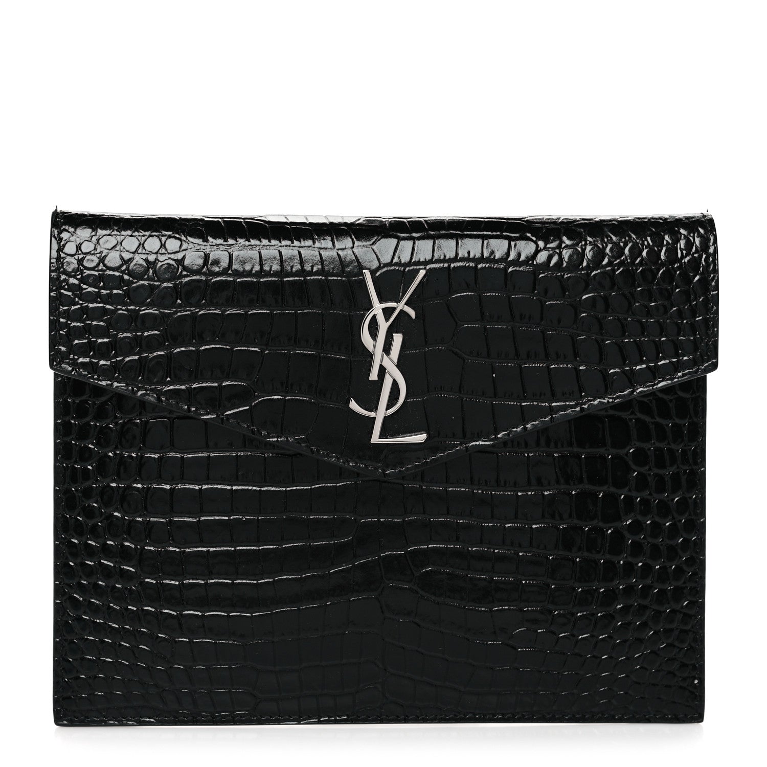 Saint Laurent Calfskin Crocodile Embossed Monogram Uptown Baby Pouch Black 1 of 6