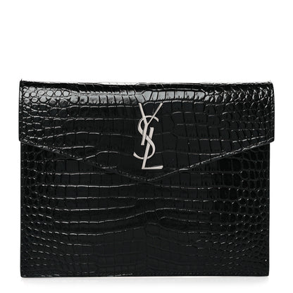Saint Laurent Calfskin Crocodile Embossed Monogram Uptown Baby Pouch Black 1 of 6