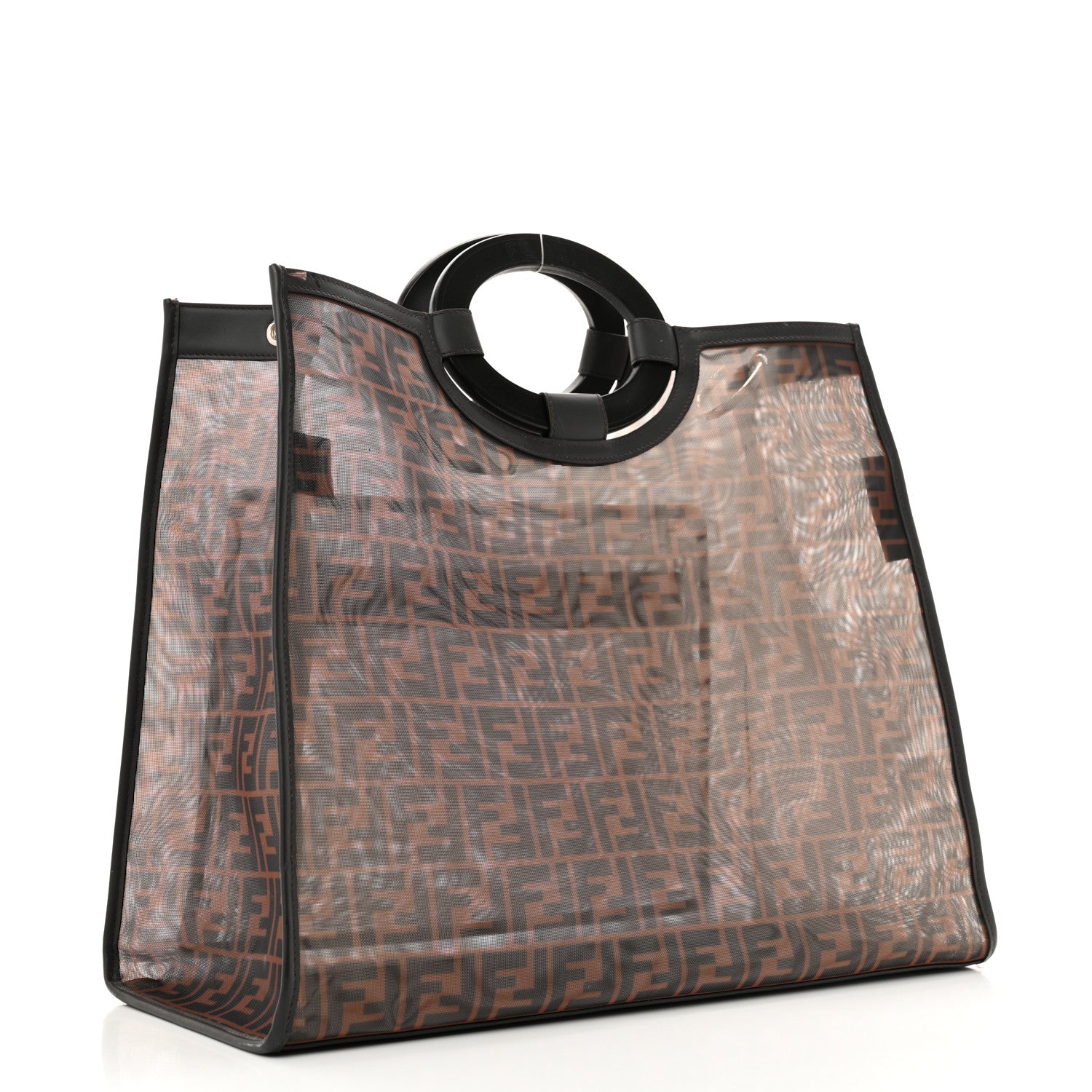 Fendi Mesh Vitello Century Cuoio FF 1974 Medium Runaway Shopper Tote Marrone Black Ebano 3 of 12