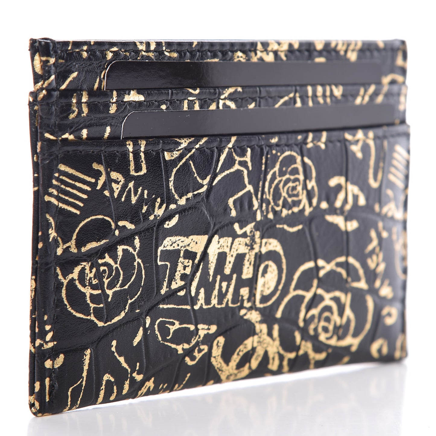Calfskin Crocodile Embossed Graffiti 2.55 Cocodile Reissue Card Holder Black Gold