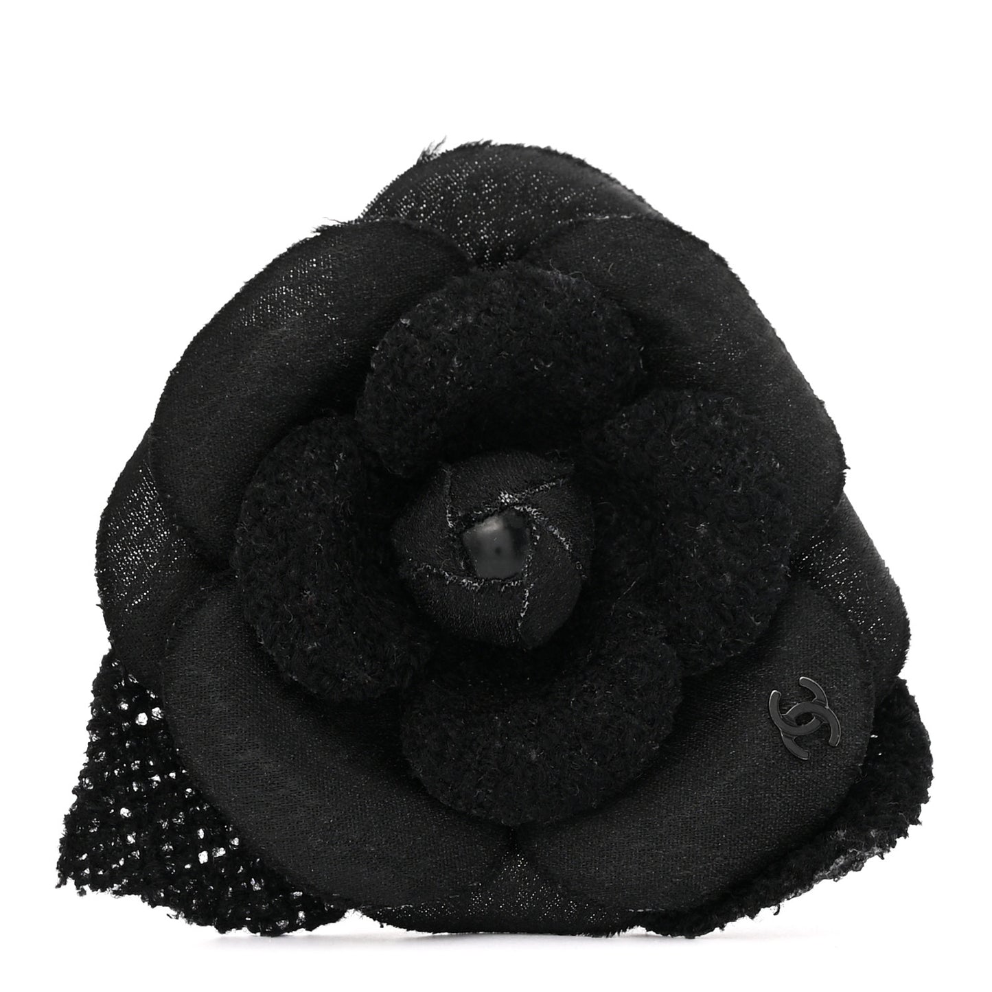 Tweed Fabric Camellia Pin Brooch Black