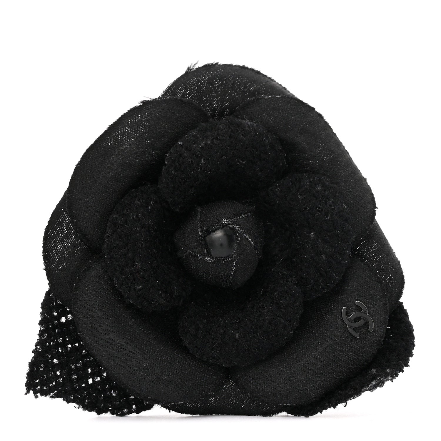 Chanel Tweed Fabric Camellia Pin Brooch Black 1 of 4