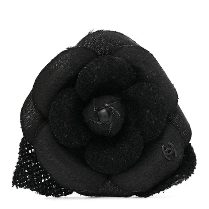 Chanel Tweed Fabric Camellia Pin Brooch Black 1 of 4