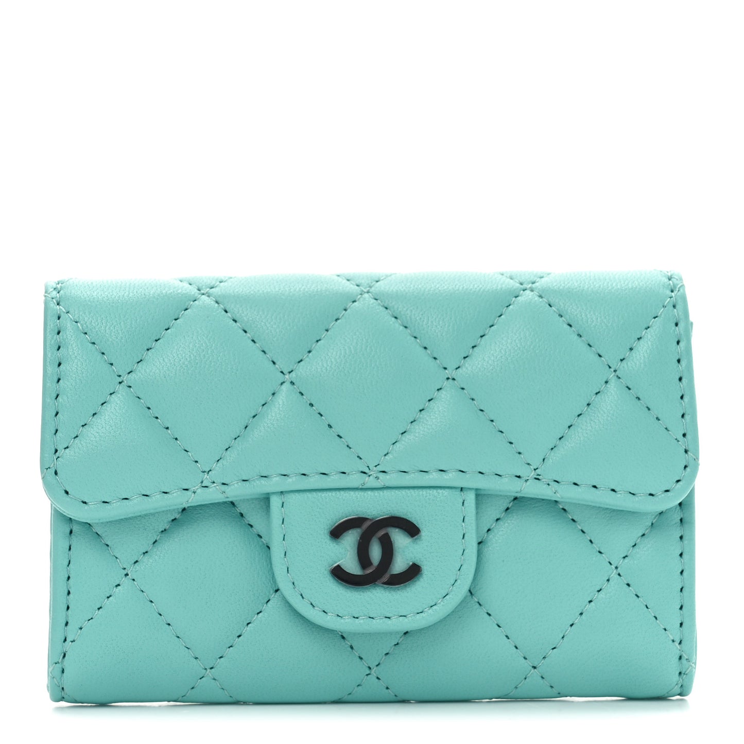 Lambskin Quilted Flap Card Holder Wallet Turquoise
