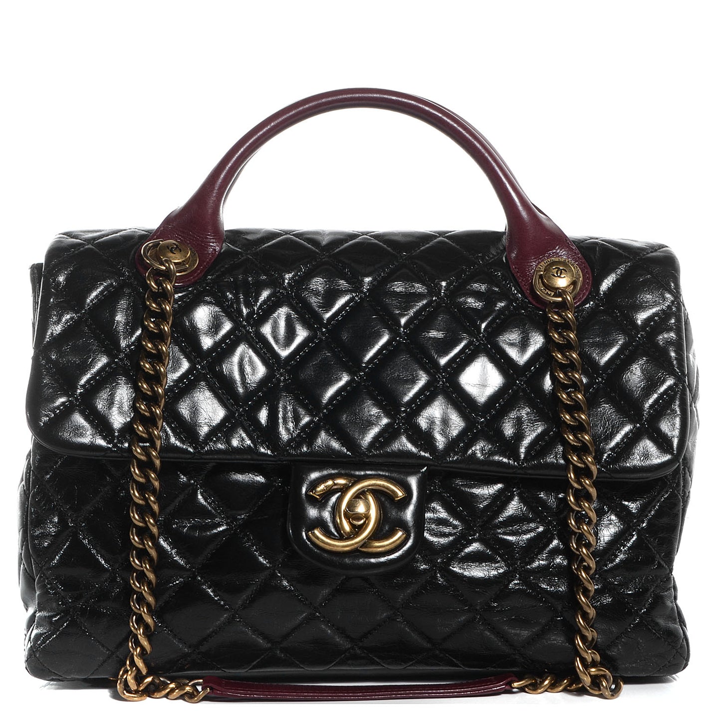 Glazed Calfskin Castle Rock Large Flap Black Burgundy