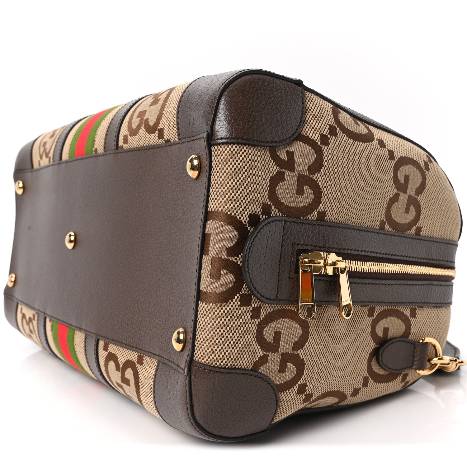 Gucci Monogram Jumbo GG Textured Dollar Calfskin Web Medium Duffle Bag Camel Ebony 9 of 9