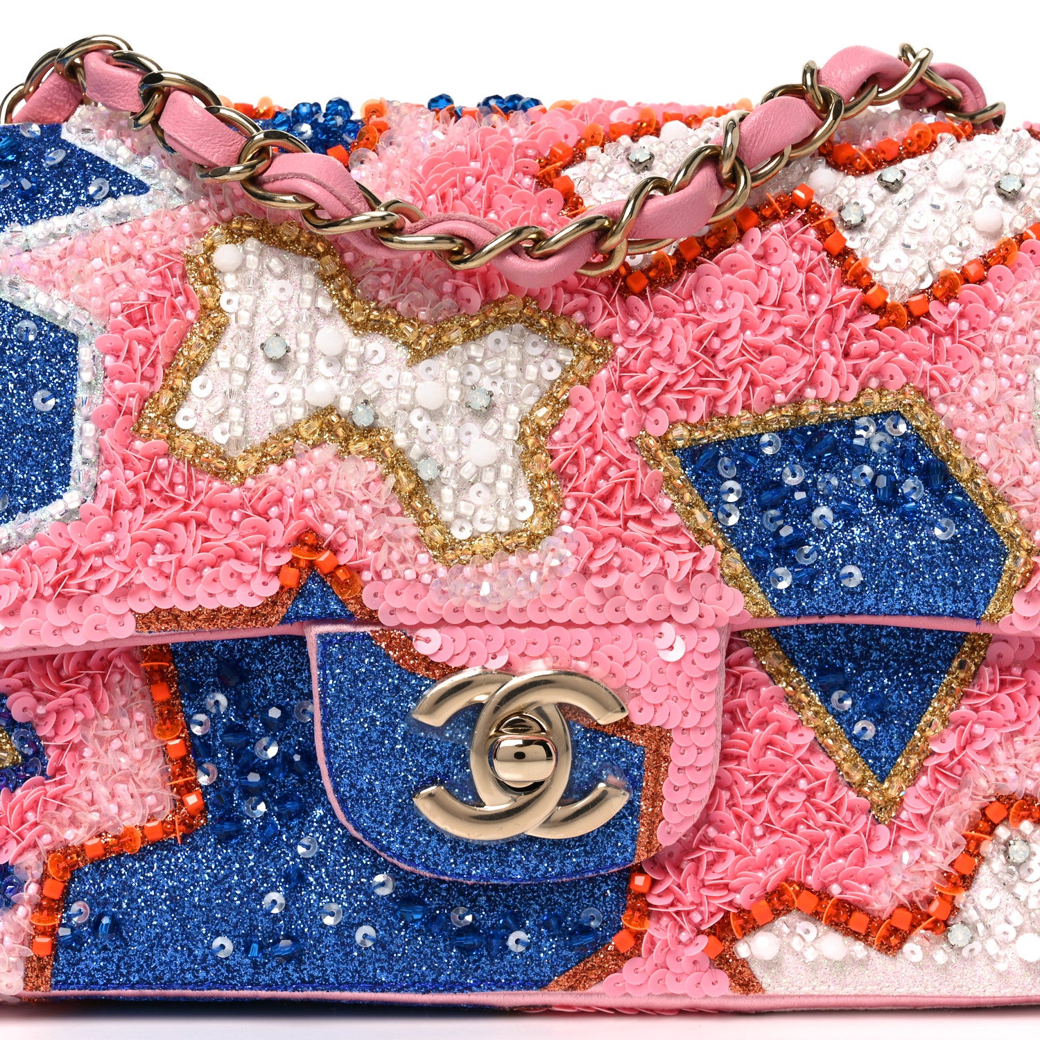 Chanel Satin Sequin Embellished Mini Rectangular Flap Pink White Blue Red 8 of 10