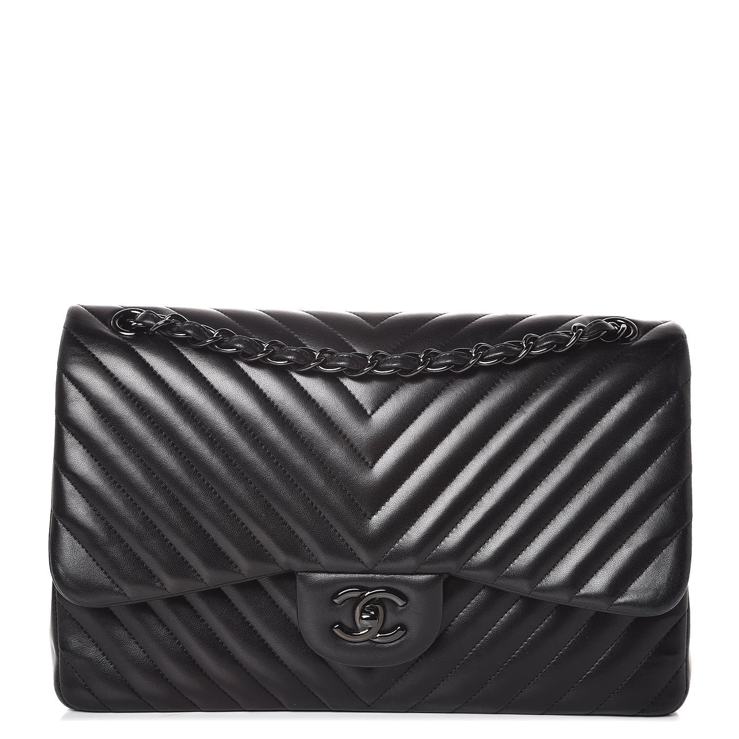 Lambskin Chevron Quilted Jumbo Double Flap So Black
