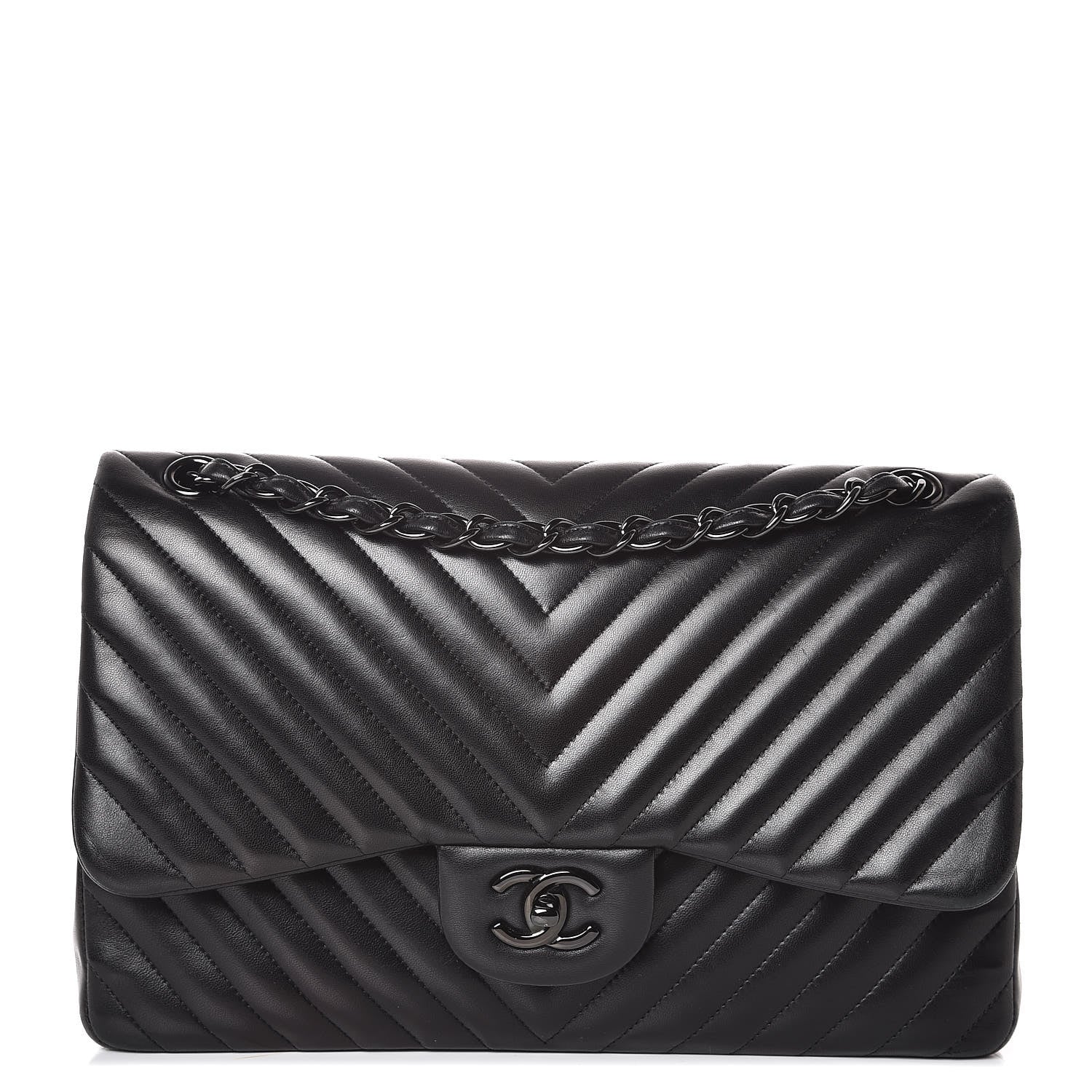 Chanel Lambskin Chevron Quilted Jumbo Double Flap So Black 1 of 17