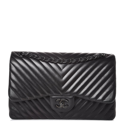 Chanel Lambskin Chevron Quilted Jumbo Double Flap So Black 1 of 17