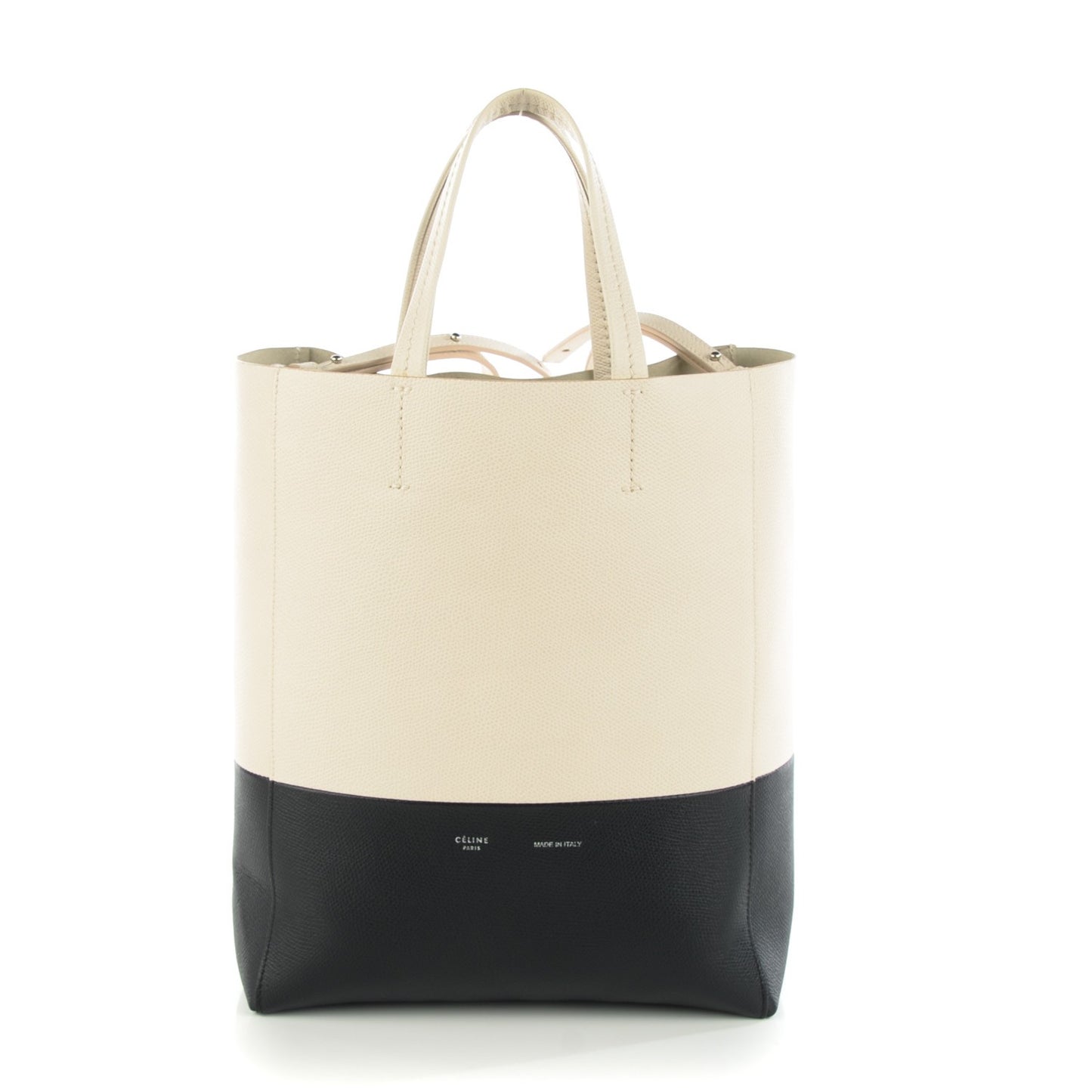 Grained Calfskin Small Vertical Bi-Cabas Cream Black
