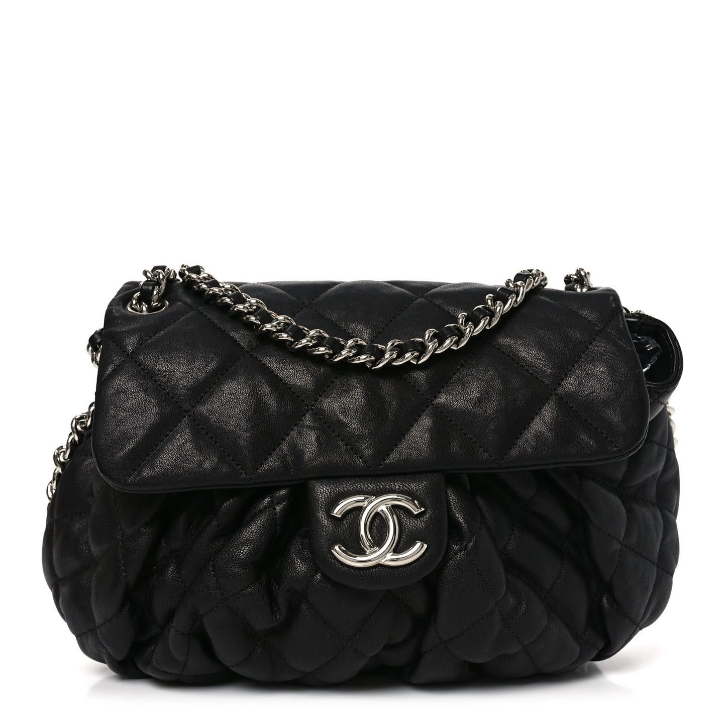 Washed Lambskin Quilted Medium Chain Around Messenger Black