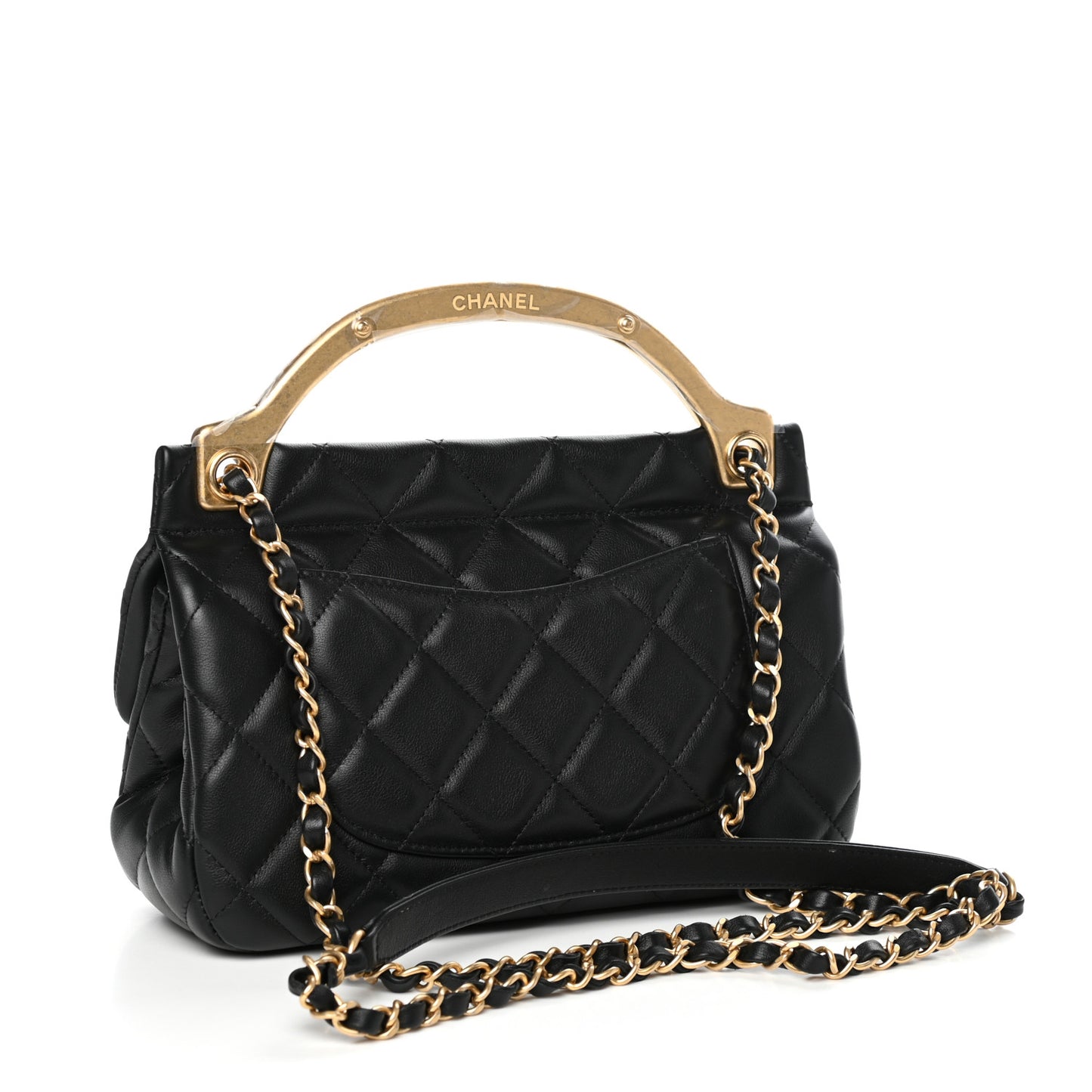 Calfskin Quilted Small Lady Handle Clutch With Chain Black