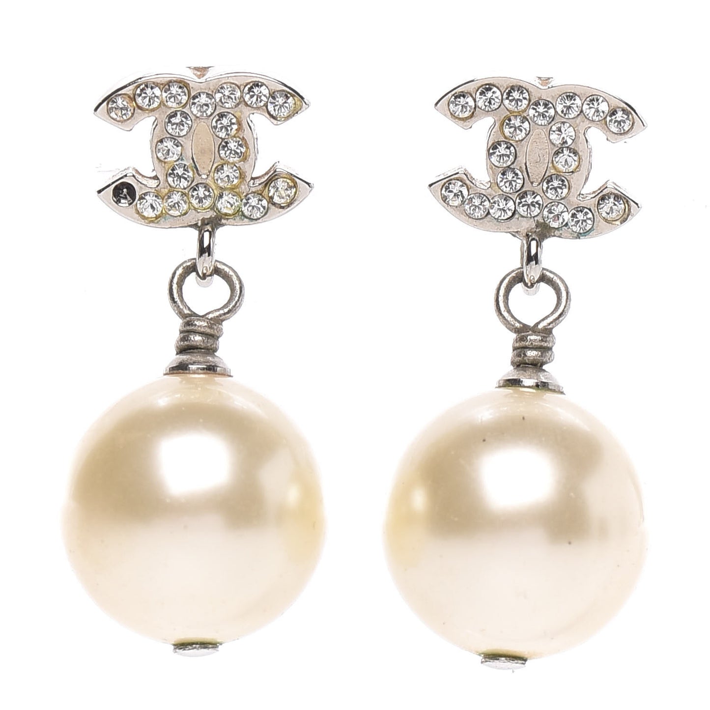Crystal Pearl CC Drop Earrings Silver