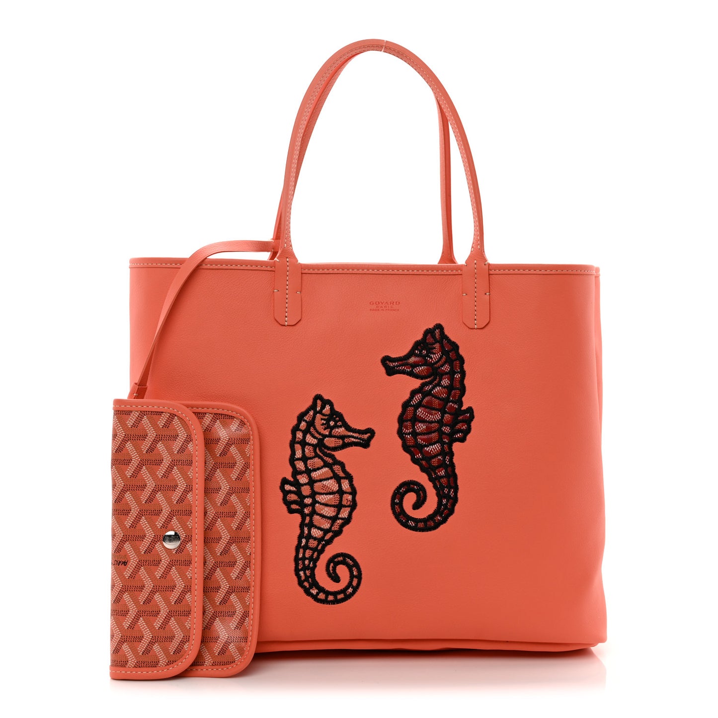 Goyardine Embroidered Seahorse Reversible Anjou PM Coral