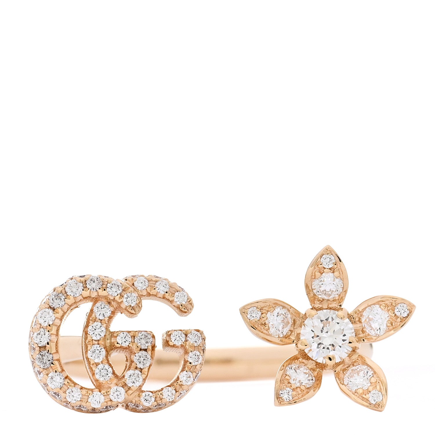 Gucci 18K Yellow Gold Diamond Flora GG Open Ring 56 7.5 1 of 5