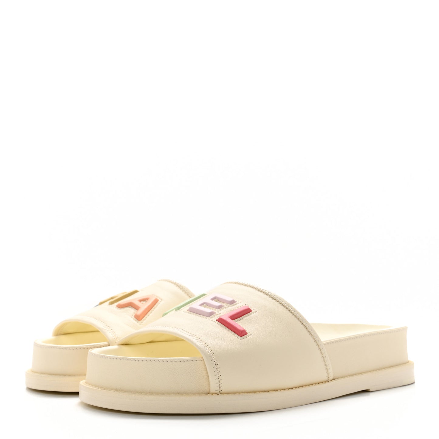 Lambskin Cha-Nel Mule Sandals 39.5 Ivory Multicolor